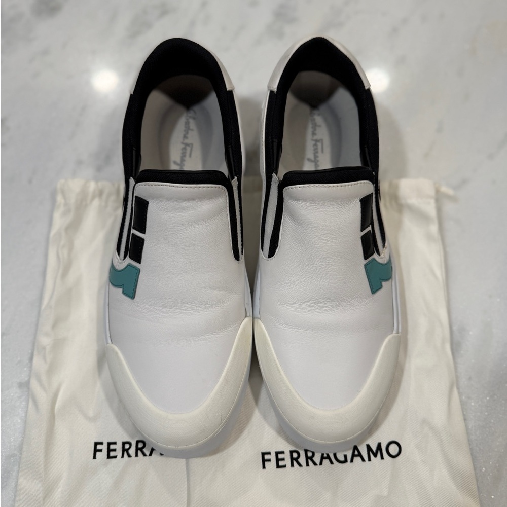 Salvatore Ferragamo White and Black Slip-On Sneakers
